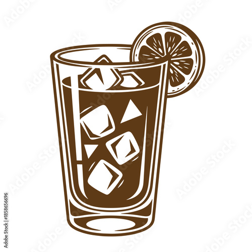 Vintage Glass of cold drink with ice cubes and lemon slice on rim one line drawing