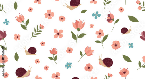 Charming seamless pattern shows delicate pink flowers, green leaves, and little brown snails crawling on a clean white background for nursery decor.