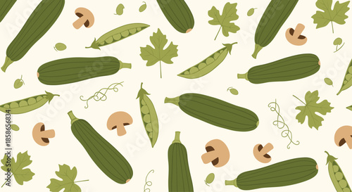 Healthy seamless pattern features green zucchinis, peas, grape leaves, and brown mushrooms scattered over a pale cream background for kitchen use.