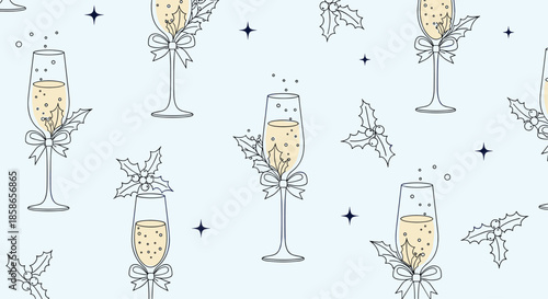 Elegant seamless pattern shows champagne glasses filled with bubbles and decorated with blue bows and green holly on a soft blue background.