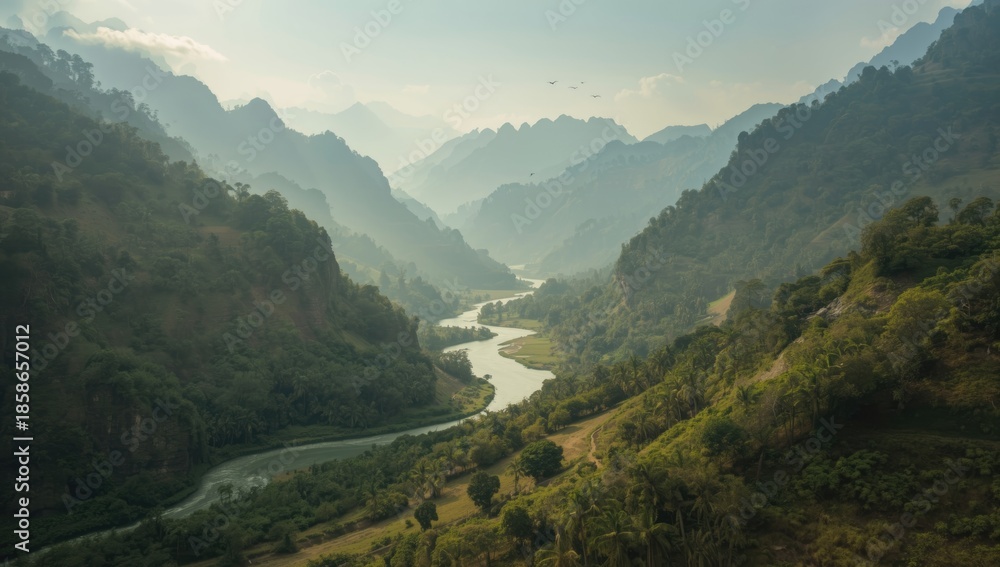 Fototapeta premium Mulah river flowing through Valley of the Mula in Kachin State, wildlife habitat conservation effort