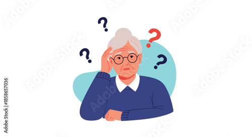 Elderly woman with grey hair and glasses looking confused while surrounded by colorful floating question marks on a white background.
