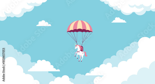 Magical unicorn character with a pink mane and tail falling through a blue sky filled with white clouds using a striped parachute.