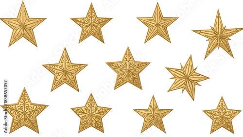 Numerous ornate golden stars with intricate decorative patterns scattered across a pristine white background, ideal for elegant designs.