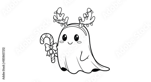 Black and white line art of a cute ghost wearing reindeer antlers with lights and holding a candy cane for christmas coloring.