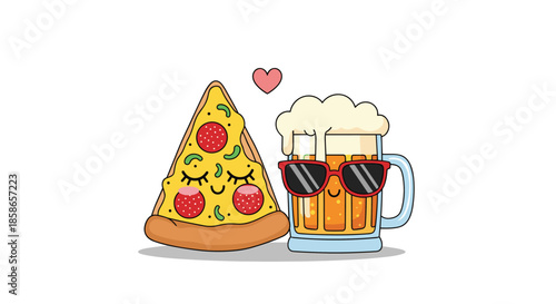 Cute characters of a pizza slice with pepperoni and a glass of beer with sunglasses smiling together under a pink heart.