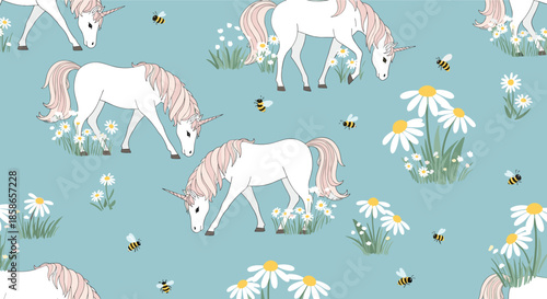 Whimsical seamless pattern of white unicorns grazing in a flower meadow with bumblebees on a muted teal background.