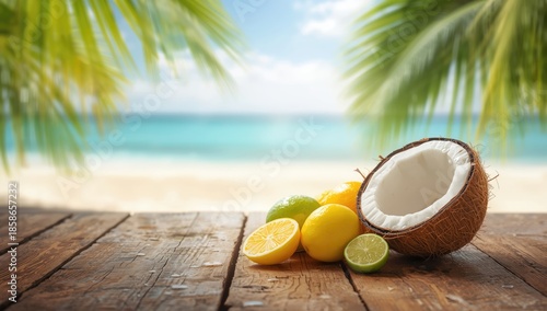Open coconut and citrus fru...