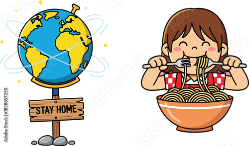 Cute cartoon stay home earth concept and happy girl eating noodles cozy lifestyle illustration set