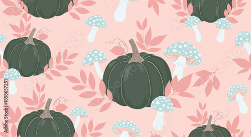 Elegant autumn pattern with dark green pumpkins, light blue spotted mushrooms, and pink leaves on a soft peach background.