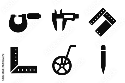 Set of silhouette measuring tools icons: calipers, ruler, protractor, and more