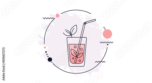 Artistic illustration of a glass of pink juice with a straw and mint leaves, framed by a circle and geometric lines on white.