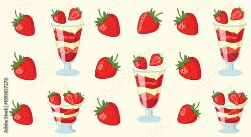 Tasty dessert pattern featuring fresh red strawberries and glasses of strawberry parfait with cream on a pale yellow background.