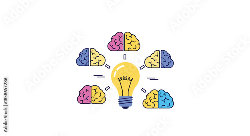 Conceptual graphic design showing a yellow light bulb connected to six brains in different colors representing ideas and innovation.