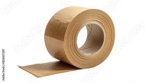 A roll of brown, packing tape, partially unrolled, set against a black backdrop