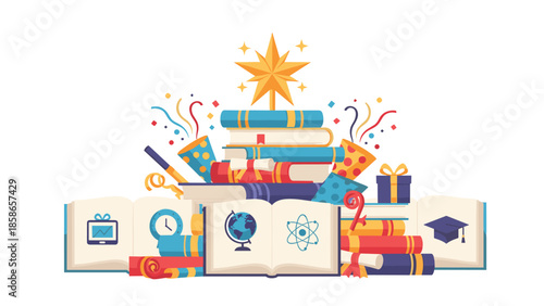 Festive stack of educational books crowned with a shining star, surrounded by confetti and gifts, symbolizing achievement and celebration of learning.