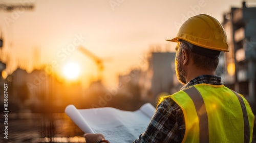 Construction worker in hard hat and safety vest reviewing blueprints at sunset.