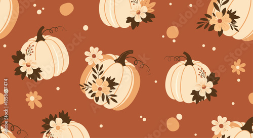 Fall pattern with white pumpkins decorated with flowers and leaves on a warm terracotta background with scattered dots.