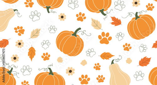 Autumnal pattern with orange pumpkins, squashes, leaves, flowers, and pet paw prints on a clean white background.
