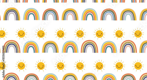 Bright and cheerful pattern of colorful rainbows and smiling yellow suns on a white background for children's decor.