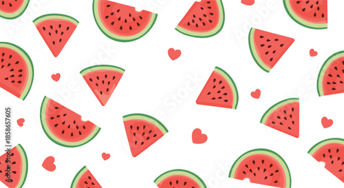 Sweet seamless pattern of juicy watermelon slices with small red hearts scattered on a clean white background.