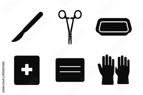 Healthcare tools silhouette icons: surgical precision and medical essentials