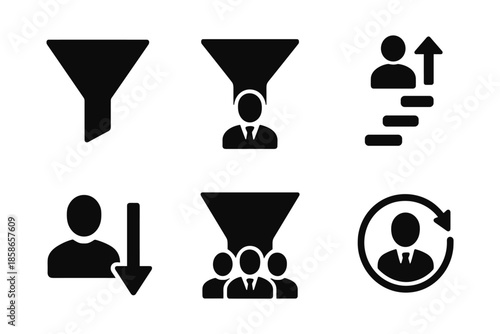 Business funnel icons set: person and group conversion symbols in clean silhouette style