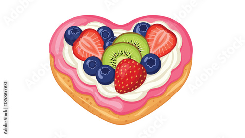 Delicious heart-shaped donut with vibrant pink frosting and fluffy cream, beautifully topped with fresh strawberries, blueberries, and kiwi slices.