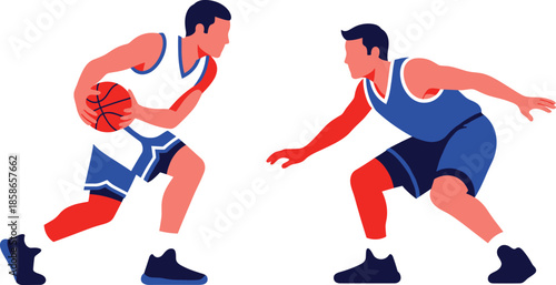 Stylized basketball players in action with white-blue and dark blue uniforms, dribbling and defending in dynamic motion