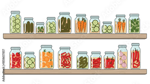 Two rustic wooden shelves abundantly filled with various homemade pickled and canned vegetables in clear glass jars, showcasing preservation.