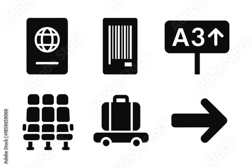 Airport travel icons set featuring passport, boarding pass, and luggage