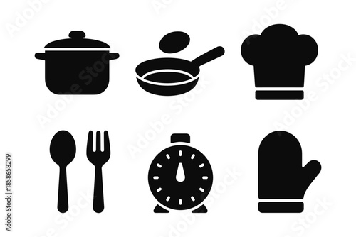 Essential kitchen icons set: cooking pot, pan, chef hat, utensils, timer, oven mitt