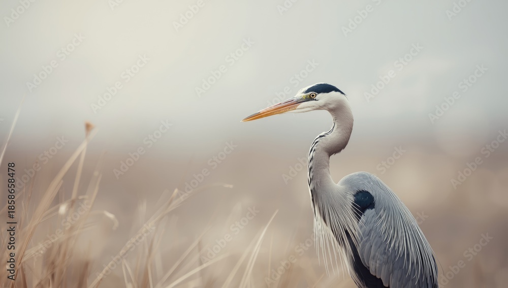 Obraz premium Grey heron bird with head pulled in for rest or protection, highlighting bird behavior and feather texture, wildlife conservation awareness