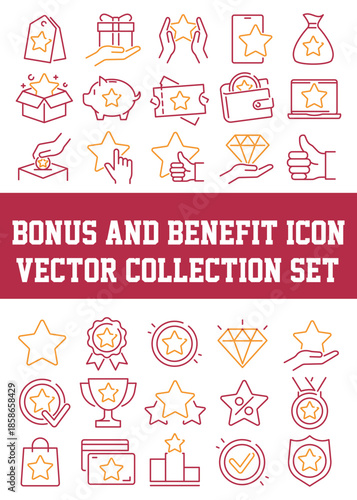 Bonus and Benefit Icon Set Featuring Outline Vector Illustrations for Business Incentives, Loyalty Programs, and Employee Perks