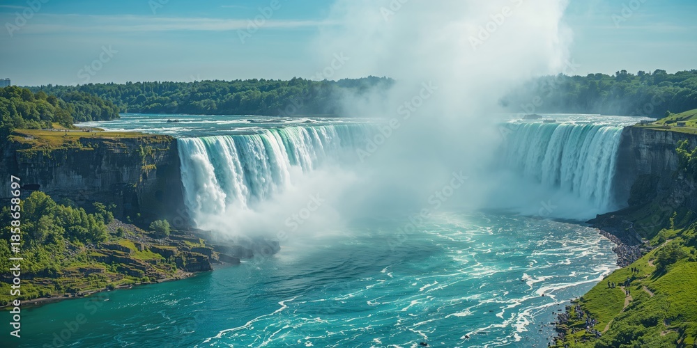 Fototapeta premium Horseshoe Falls with rushing water and mist, erosion concern, World Water Day