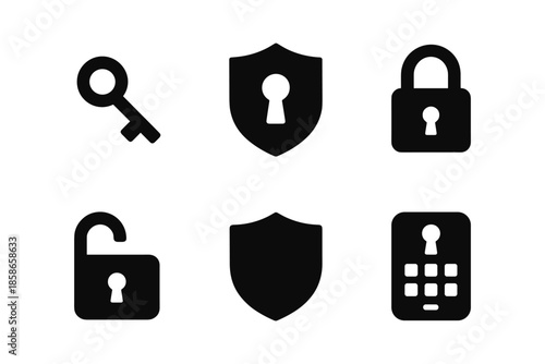 Security icons set: lock, key, and shield silhouettes for modern interface design