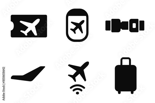 Travel essentials icons: silhouette airplane, luggage, and seatbelt collection