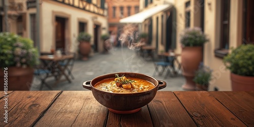A bowl of onion soup placed...