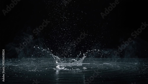 Abstract rain water splashes on a black surface, serving as a background for visual or layout projects