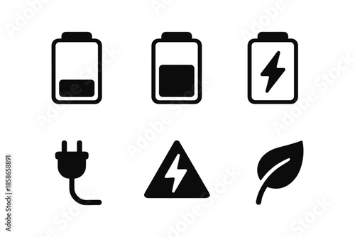 Black and white icons of battery levels, charging symbols, and eco-friendly elements