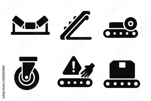 Industrial equipment icons set: conveyor belt, warning signs, caster wheel