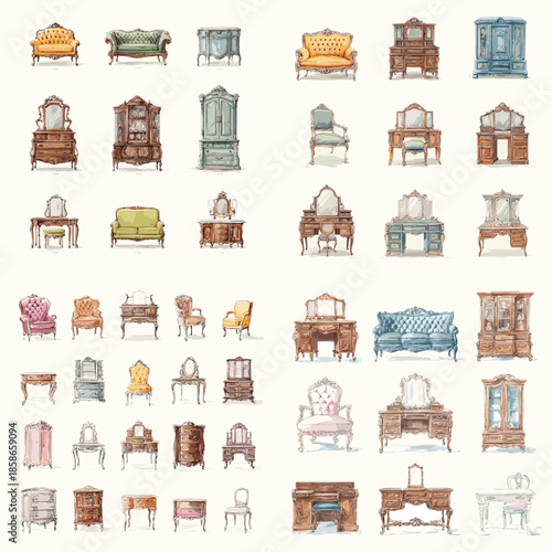 Watercolor illustration set of vintage bedroom furniture including beds wardrobes cabinets and headboards in classic styles arranged in a clean grid on white background