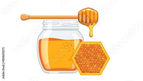 Sweet jar of golden honey with a wooden dipper dripping rich liquid, accompanied by a beautiful hexagonal honeycomb.