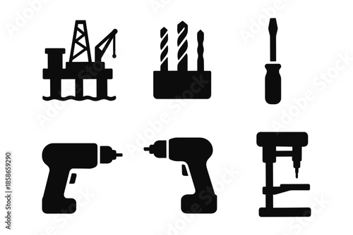 Silhouette icons of industrial tools and equipment