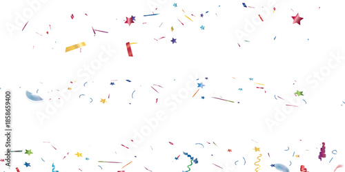 Festive Confetti Celebration With Colorful Streamers And Stars On White Background.