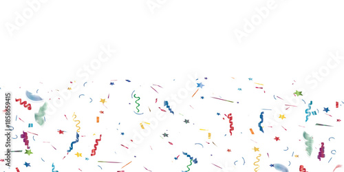 Festive Confetti Celebration With Colorful Streamers And Stars On White Background.