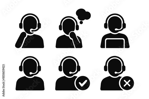 Call center icon set: customer support silhouettes with headsets and status indicators