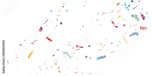 Festive Confetti Celebration With Colorful Streamers And Stars On White Background.