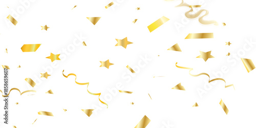 Golden confetti and streamers falling against a white background creating a celebratory and elegant atmosphere for events	