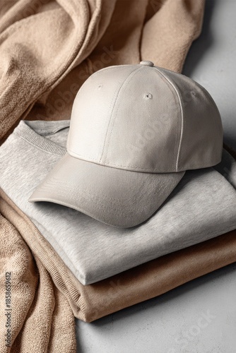 Cozy winter apparel featuring a patterned cap atop neutraltoned sweaters, set against a soft gray backdrop. Snapback cap mockup